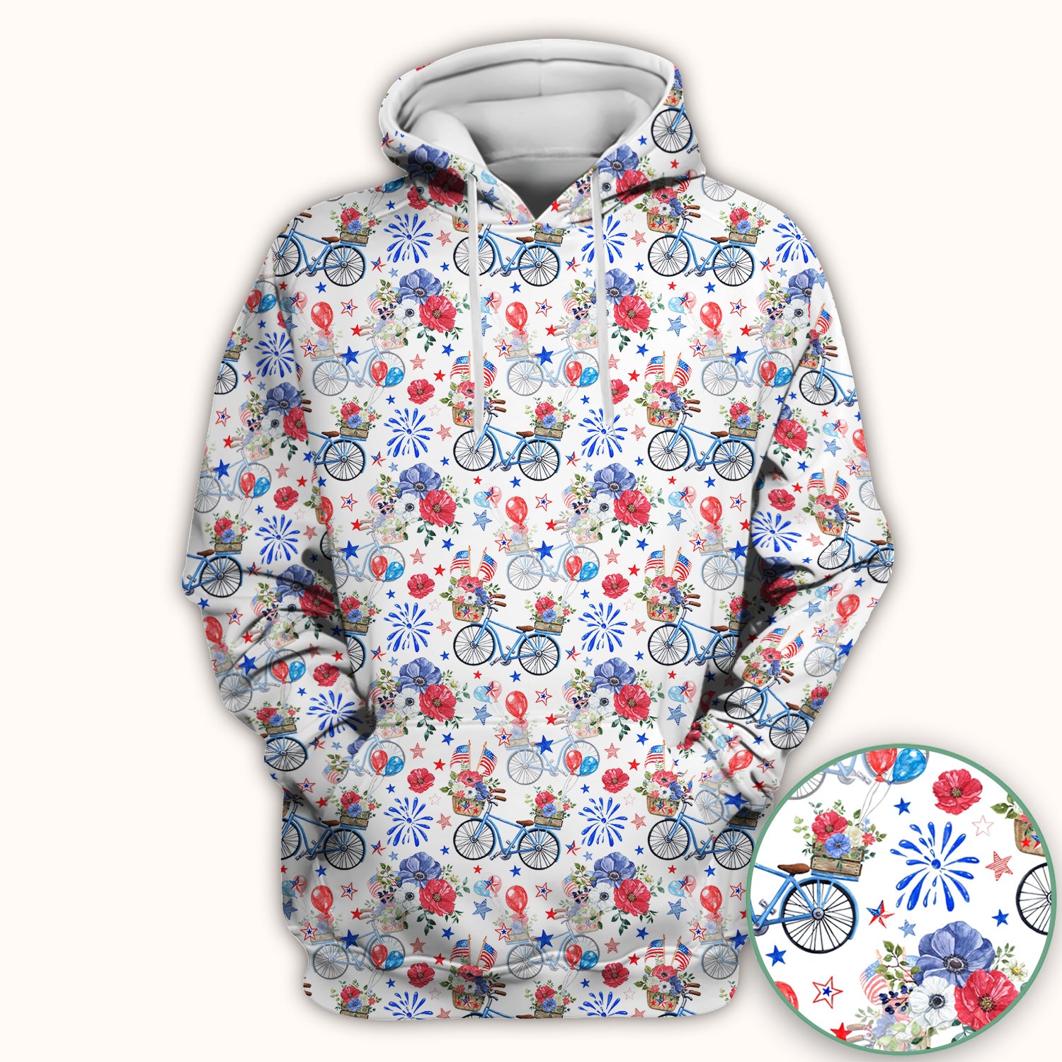 Patriotic Bicycle Floral Fireworks Print Scrub Top, Comfortable Scrubs for Nurses