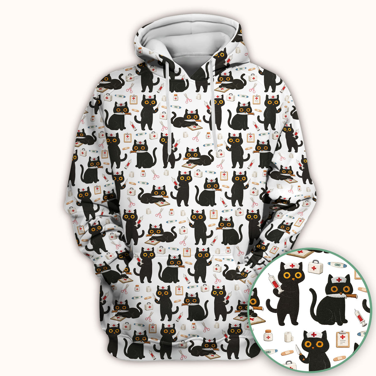 Cute Black Cat Nurse Pattern Scrub Top, Comfortable Scrubs for Nurses