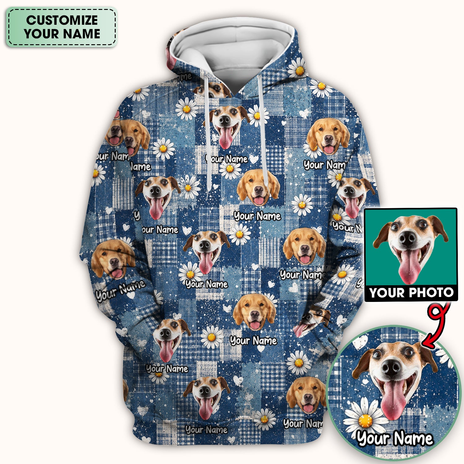Personalized Cute Dog Portrait On Blue Patchwork Daisy Pattern Scrub Top, Comfortable Scrubs for Nurses