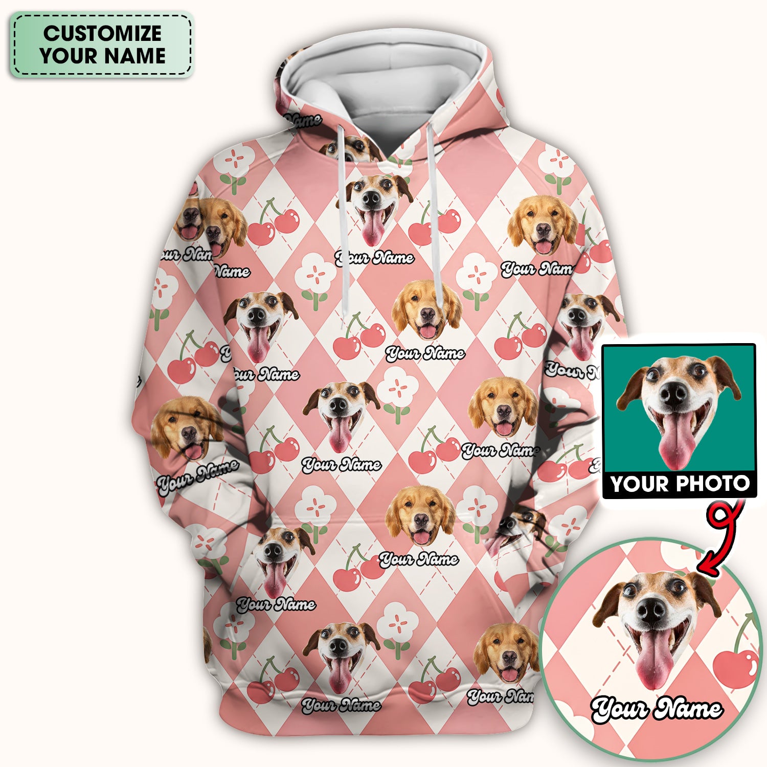 Custom Dog Face Scrub Top, Playful Dog Cherry Argyle Pattern Shirt, Comfortable Scrubs for Nurses