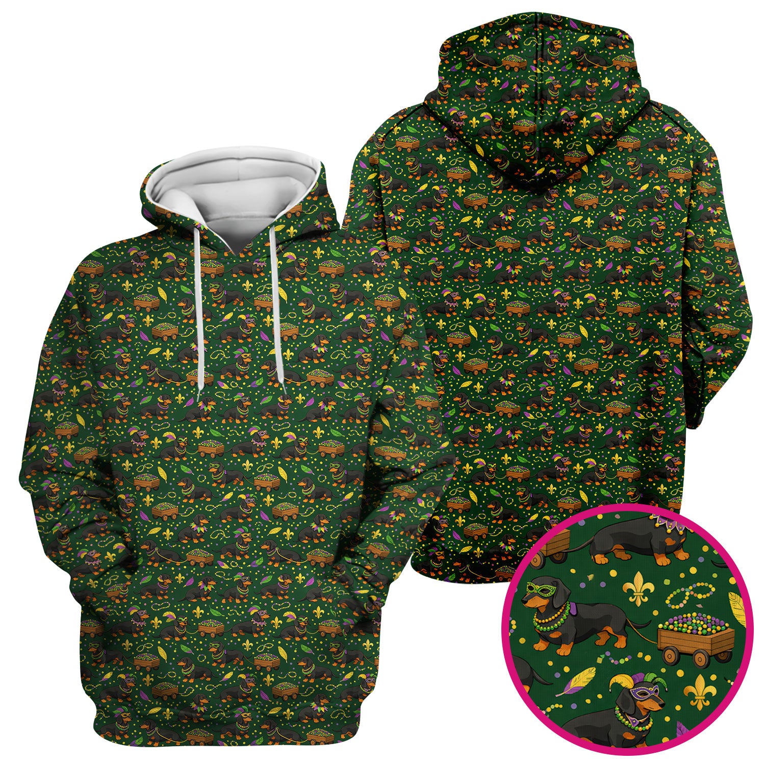 Funny Mardi Gras Dachshund Scrub Top, Festival Wiener Dog Pattern Nurse Shirt, Breathable Fabrics Nursing Uniform