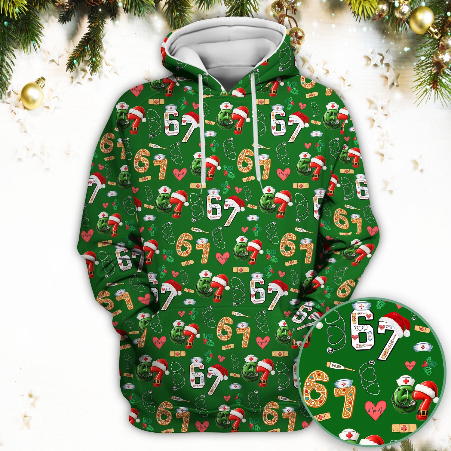Christmas Nurse 67 Pattern Scrub Top, Cute Holiday Medical Shirt With Santa Hat, Uniform For Nursing