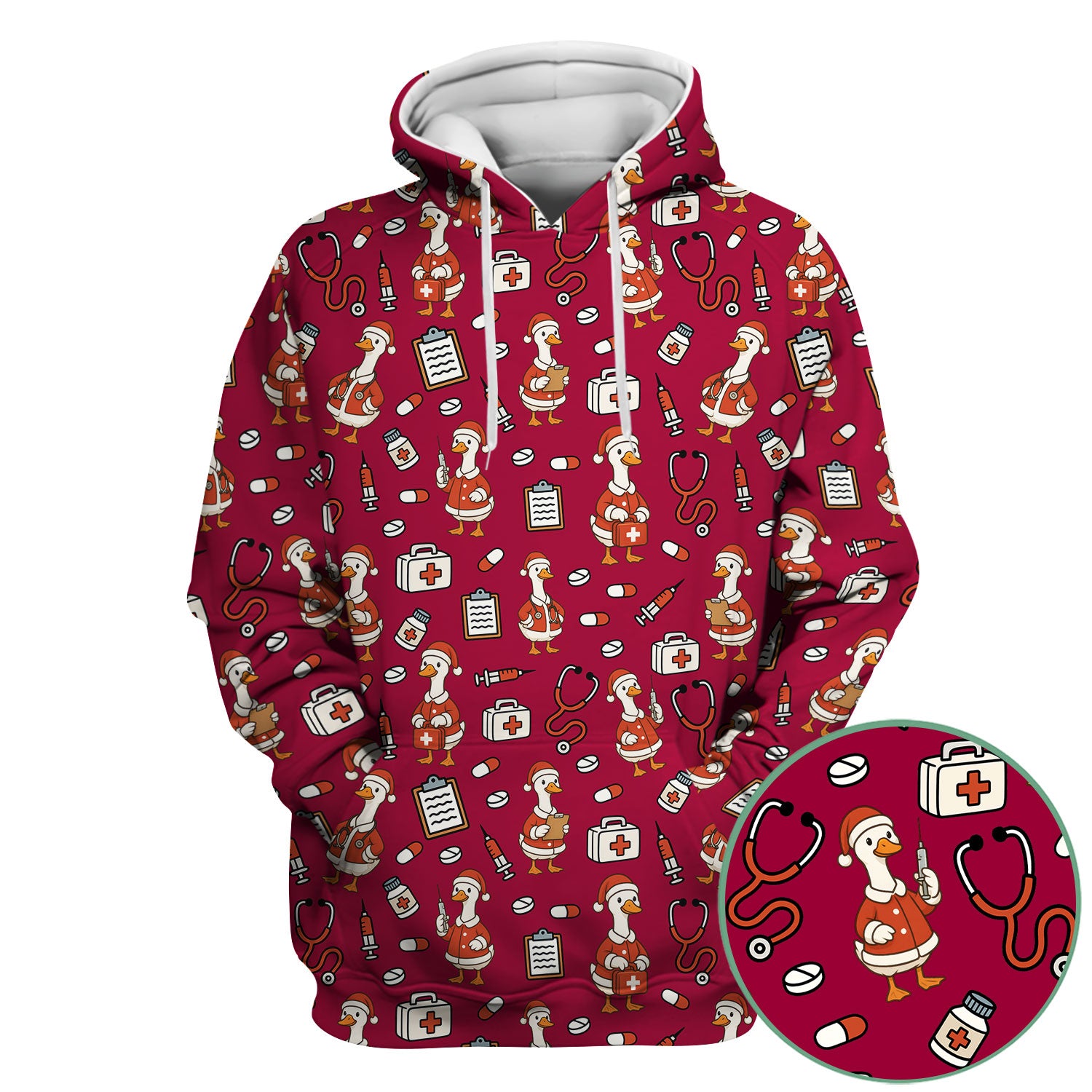Santa Duck Nurse Scrubs - Christmas Print Medical Shirt for Women Men - Funny Holiday Scrub Top for RN CNA Doctor, Cute Xmas Gift