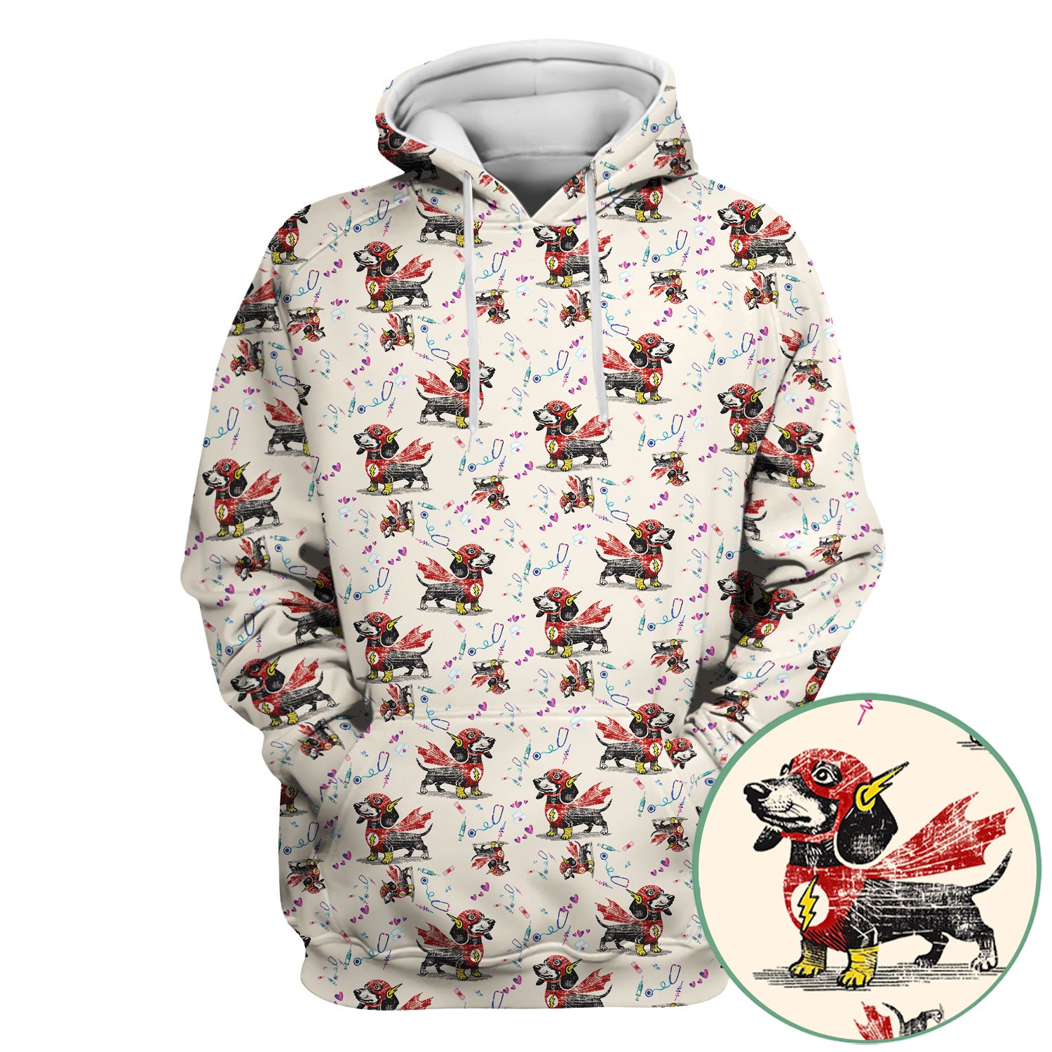 Dachshund Hero Scrub Top for Nurses - Super Nurse Funny Flash Dog Print Medical Uniform Shirt - Cute Sausage Dog Gift for RN CNA LPN