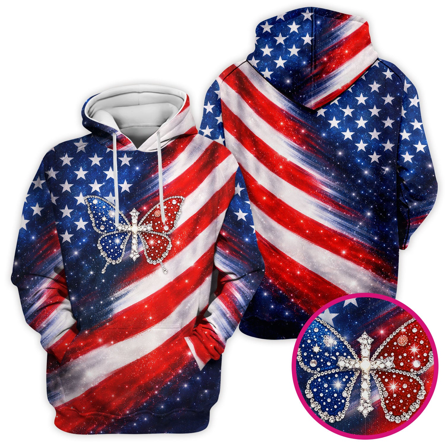 USA Flag Glitter Butterfly Rhinestone Pattern Scrubs Top, Breathable Fabrics Nursing Uniform