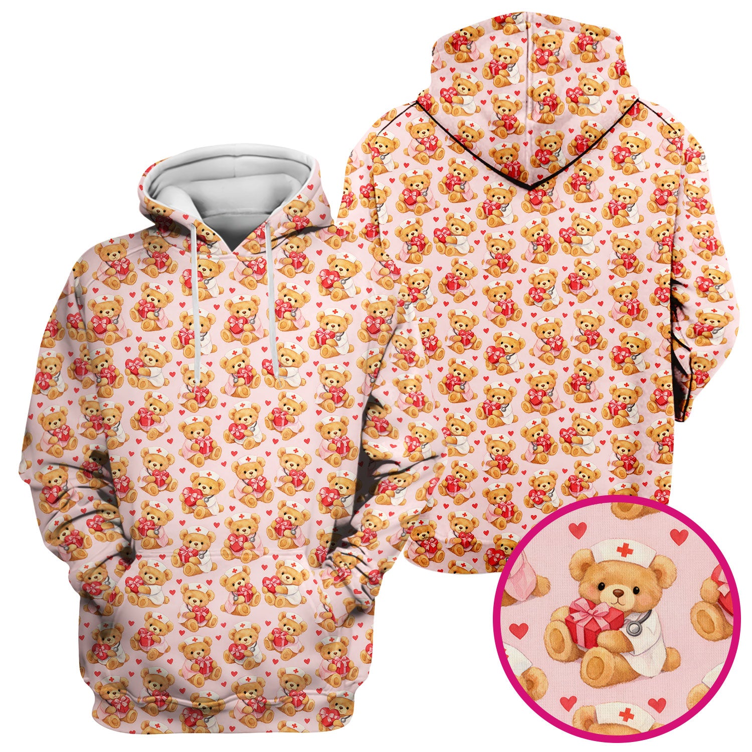 Valentine Teddy Pattern Scrub Top, Bear And Heart Medical Nurse Scrub Shirt, Breathable Fabrics Nursing Uniform