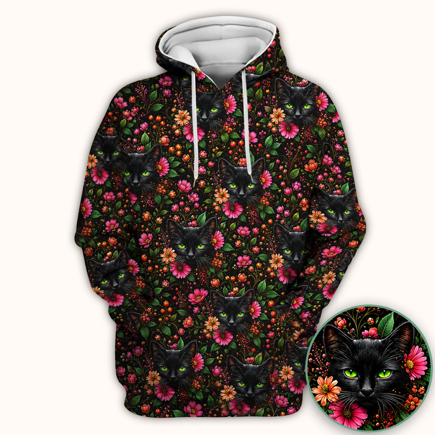 Adorable Black Cat Blossom Pattern Scrub Top, Comfortable Scrubs for Nurses