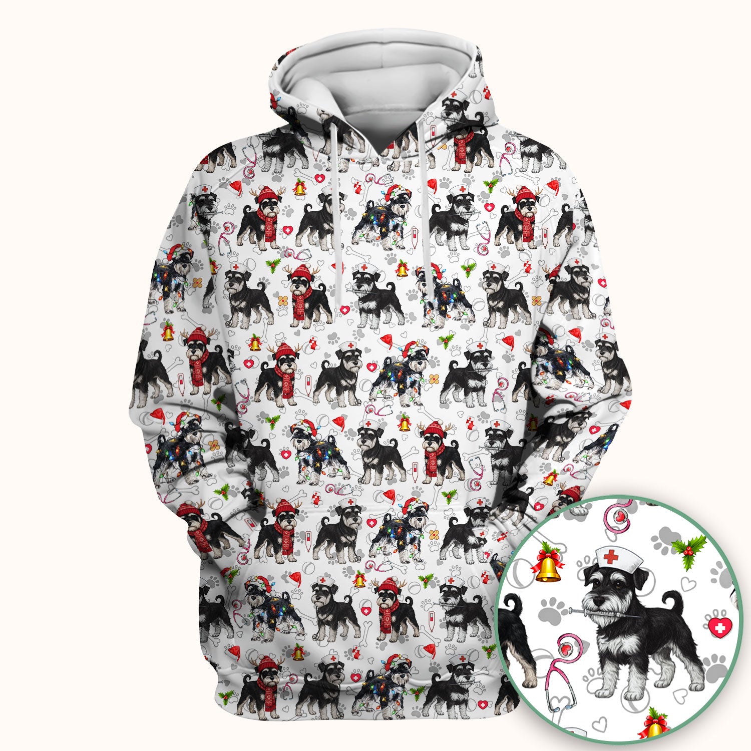 Christmas Schnauzer Scrubs for Nurses - Cute Dog Holiday Scrub Top - Funny Santa Nursing Medical Shirt for Women