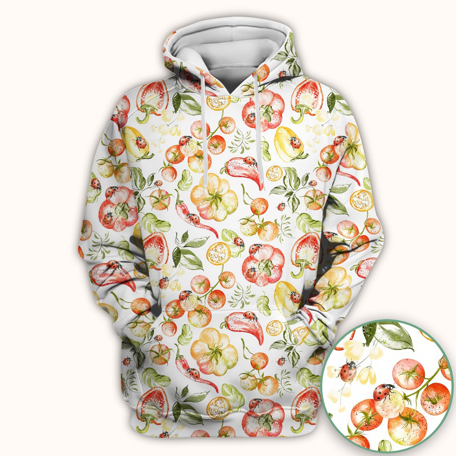 Cute Watercolor Veggie Ladybug Pattern Scrub Top, Comfortable Scrubs for Nurses