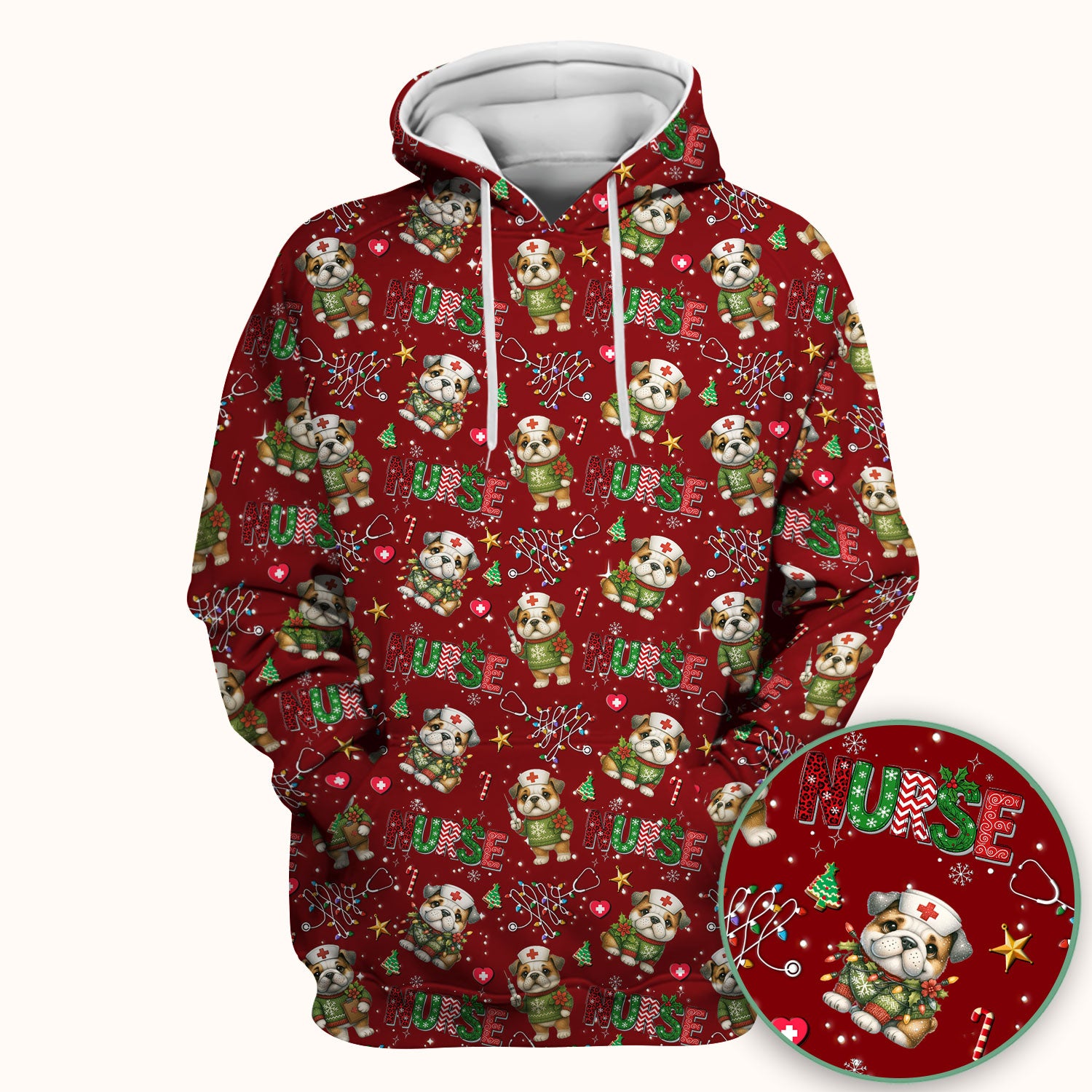 Bulldog Christmas Nurse Scrub Top - Funny Dog Scrub Shirt - Cute Holiday Medical Uniform for Women RN LPN CNA Gift