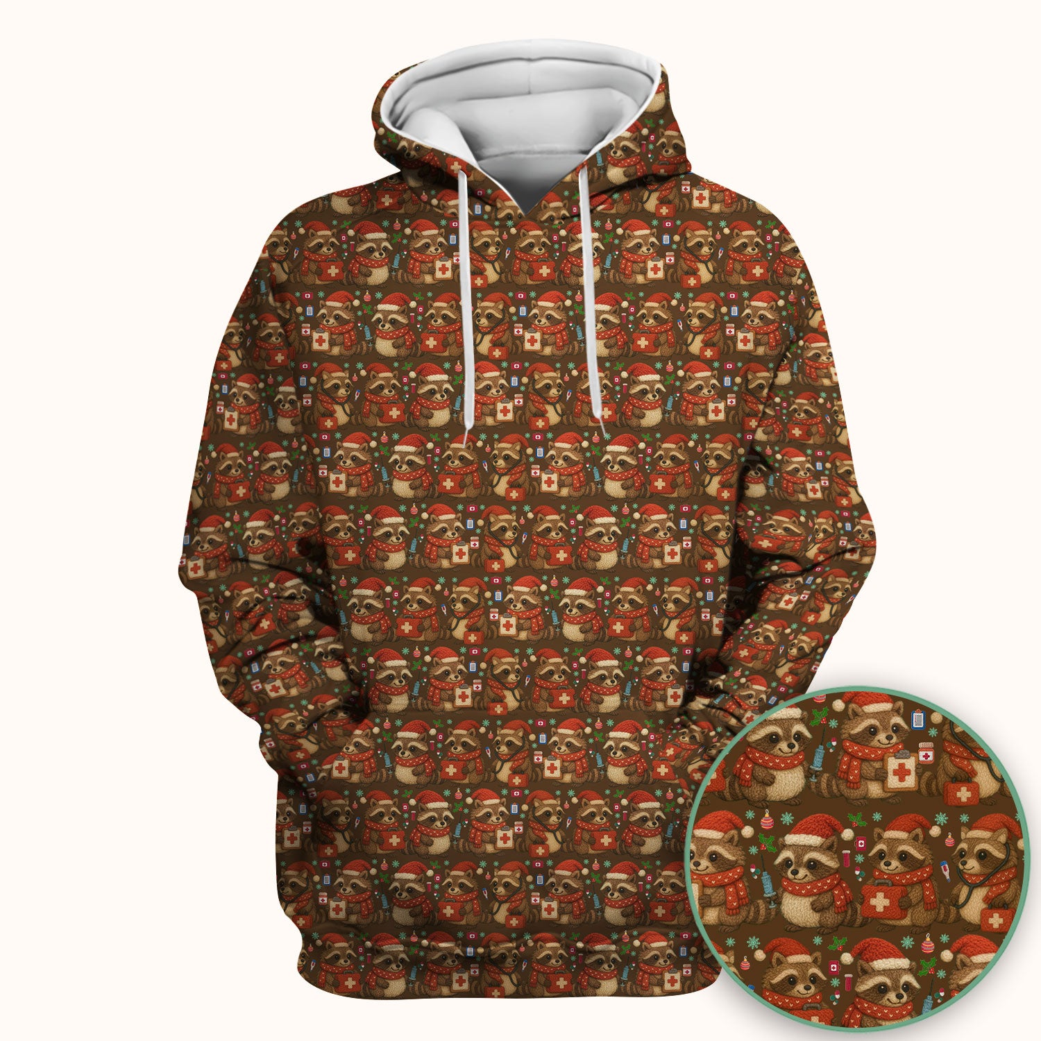 Christmas Scrub Top – Nurse Raccoon Pattern Shirt – Cute Medical Uniform For Nursing
