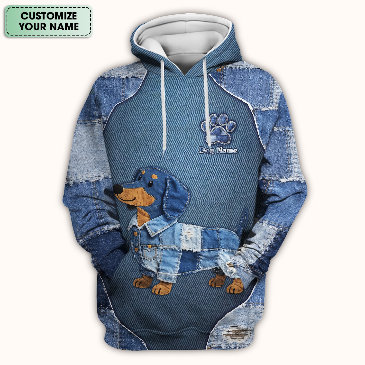 Custom Dog Name Denim Dachshund Print Scrub Top, Comfortable Scrubs for Nurses