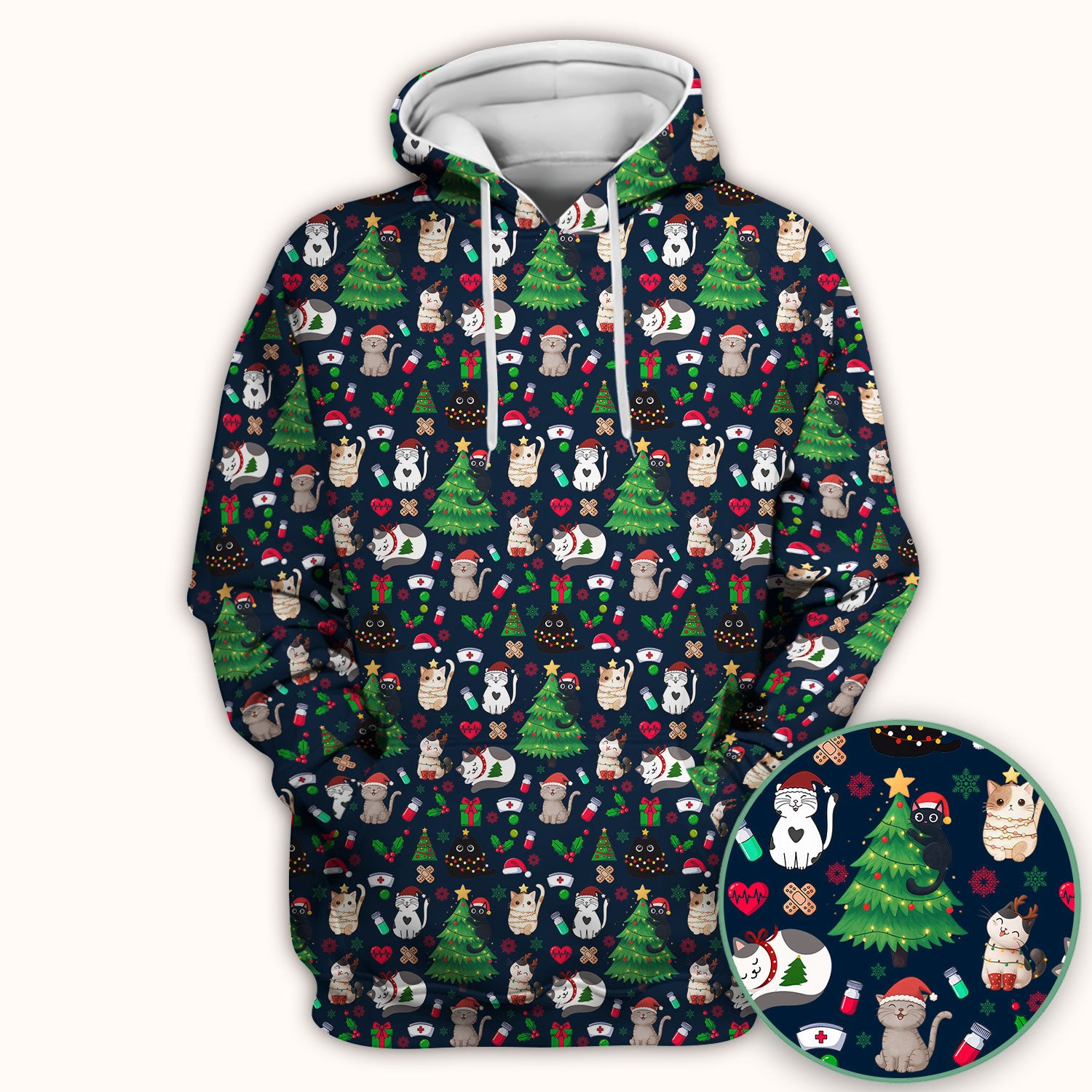 Christmas Cat Scrub Top, Xmas Pet Pattern Scrub Shirt, Breathable Fabrics Nursing Uniform