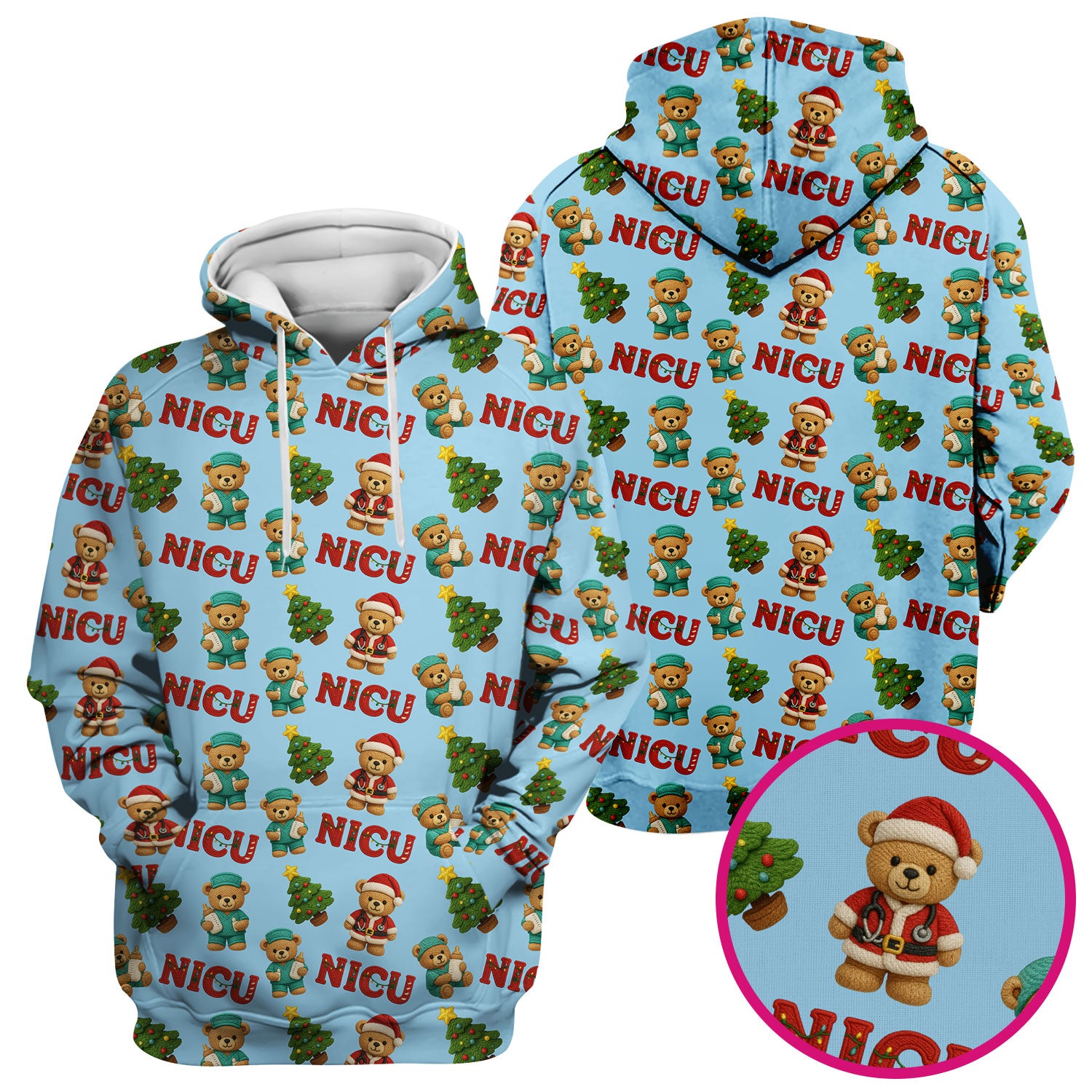Festive Christmas NICU Nurse Teddy Bear Pattern, Breathable Fabrics Nursing Uniform
