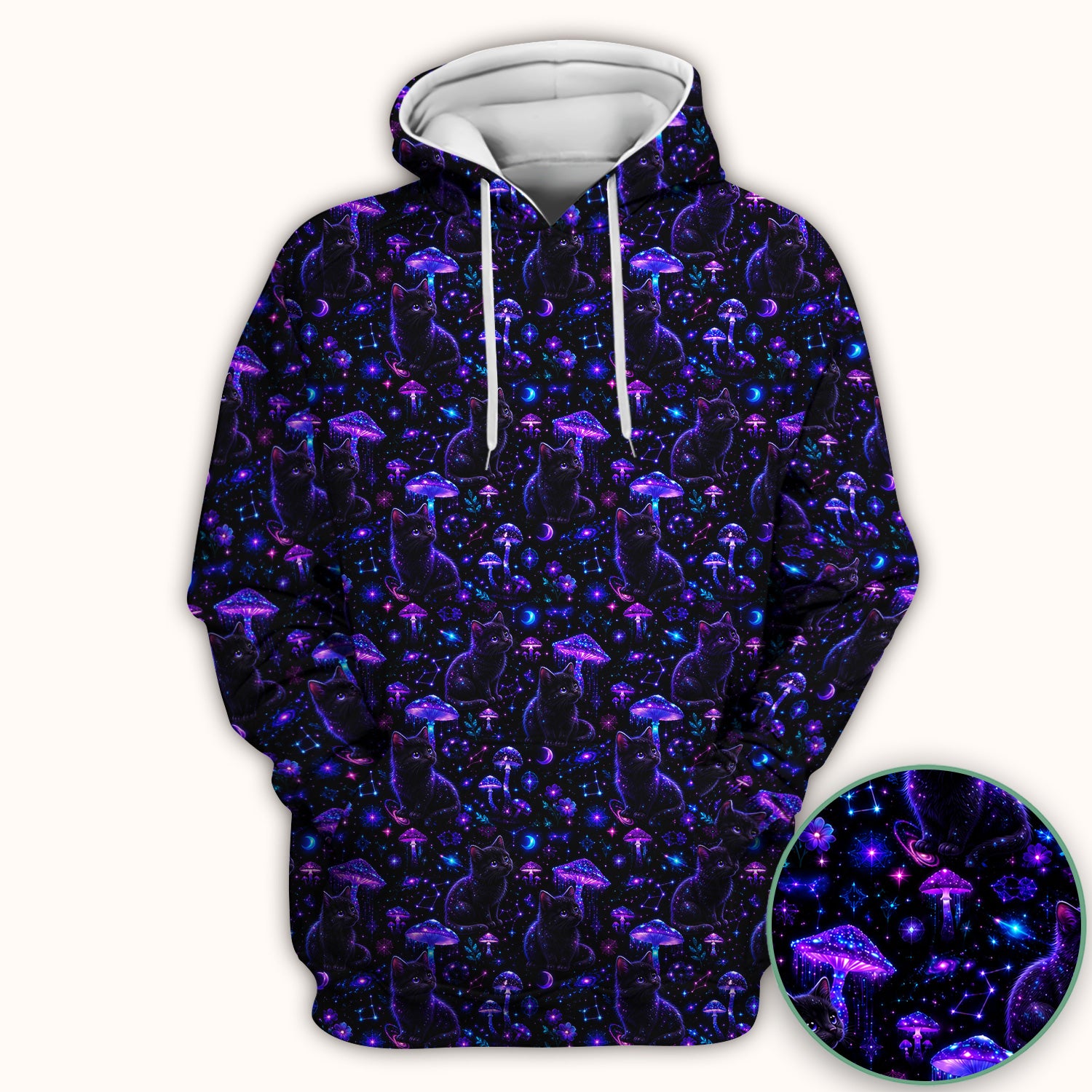 Mystical Black Cat Neon Mushroom Print Scrub Top, Comfortable Scrubs for Nurses