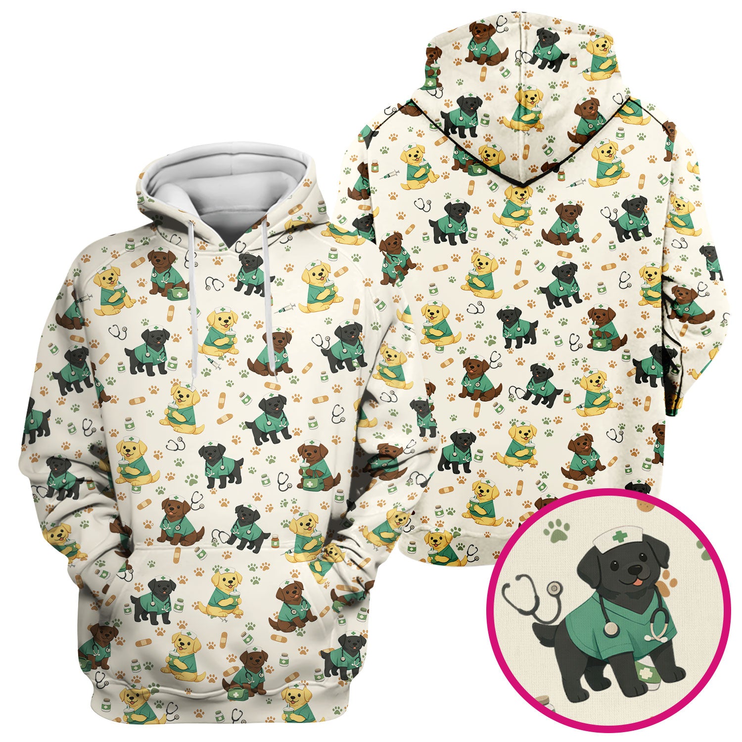Labrador Retriever Nurse Scrub Top, Cute Medical Dog Pattern Nurses Shirt, Breathable Fabrics Nursing Uniform