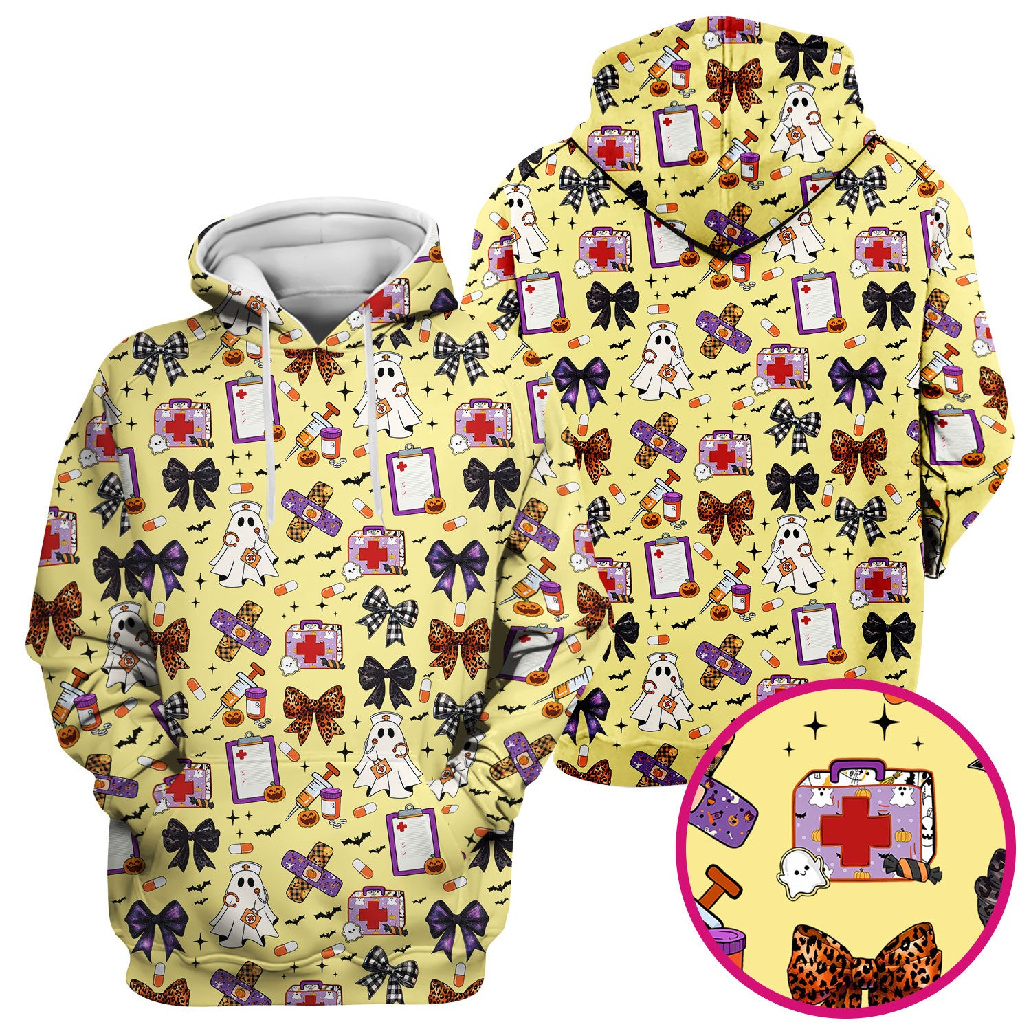 Halloween Nurse Scrub Top - Cute Ghost & Bow Medical Scrubs - Yellow Nursing Shirt with Colorful Halloween Print