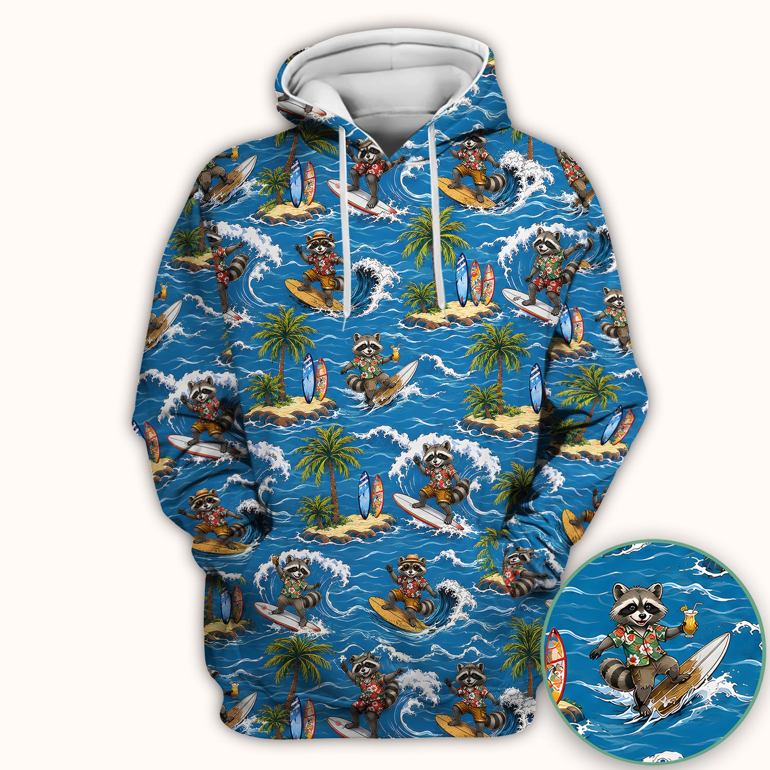 Tropical Surfing Raccoon Island Pattern Scrub Top, Comfortable Scrubs for Nurses