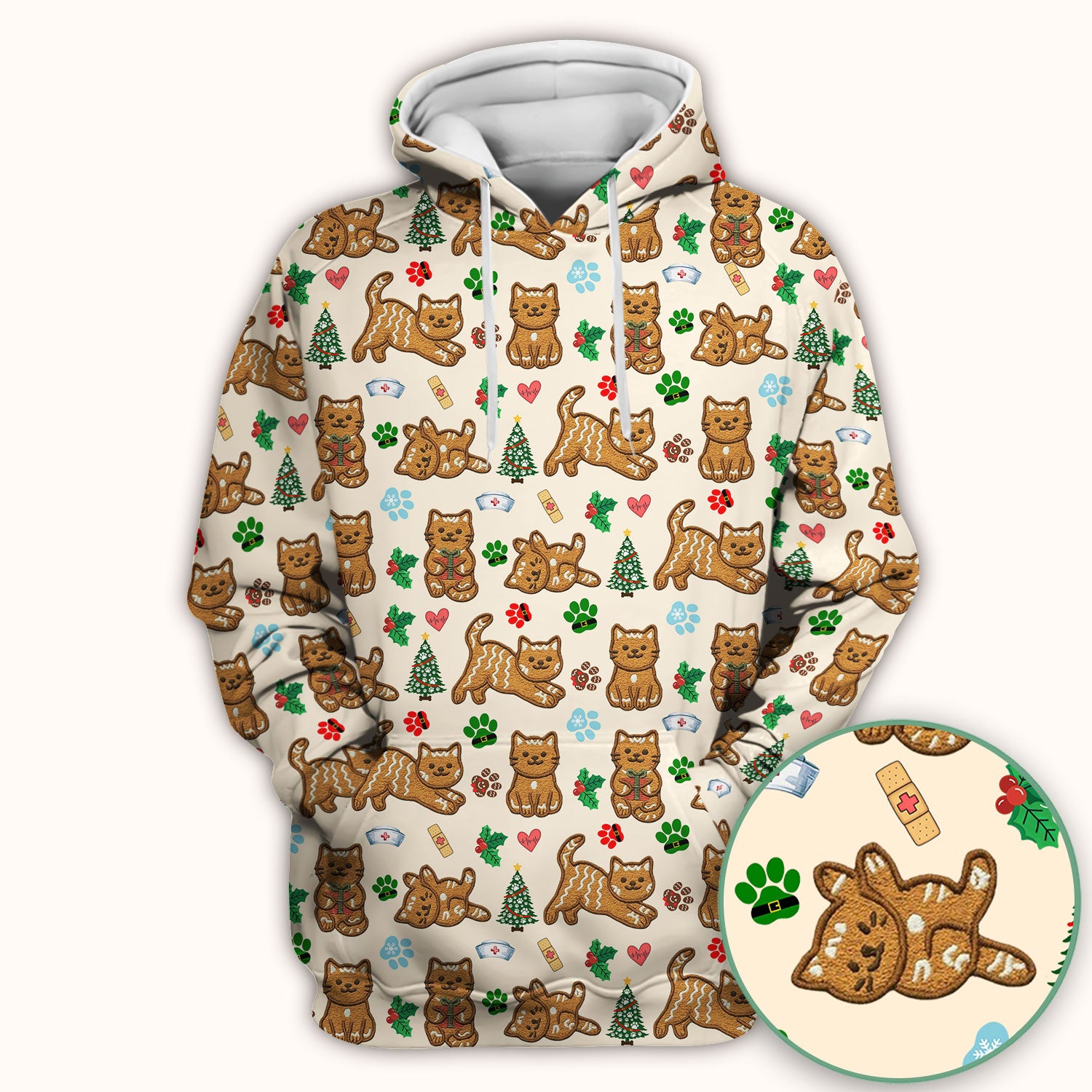 Gingerbread Cat Christmas Scrub Top, Cute Holiday Kitty Medical Uniform Shirt For Nursing, Festive Nurse Pattern