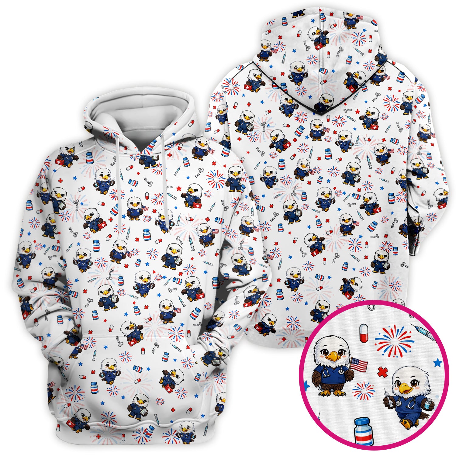 Patriotic Nurse Eagle Fireworks Medical Pattern Scrub Top, Breathable Fabrics Nursing Uniform