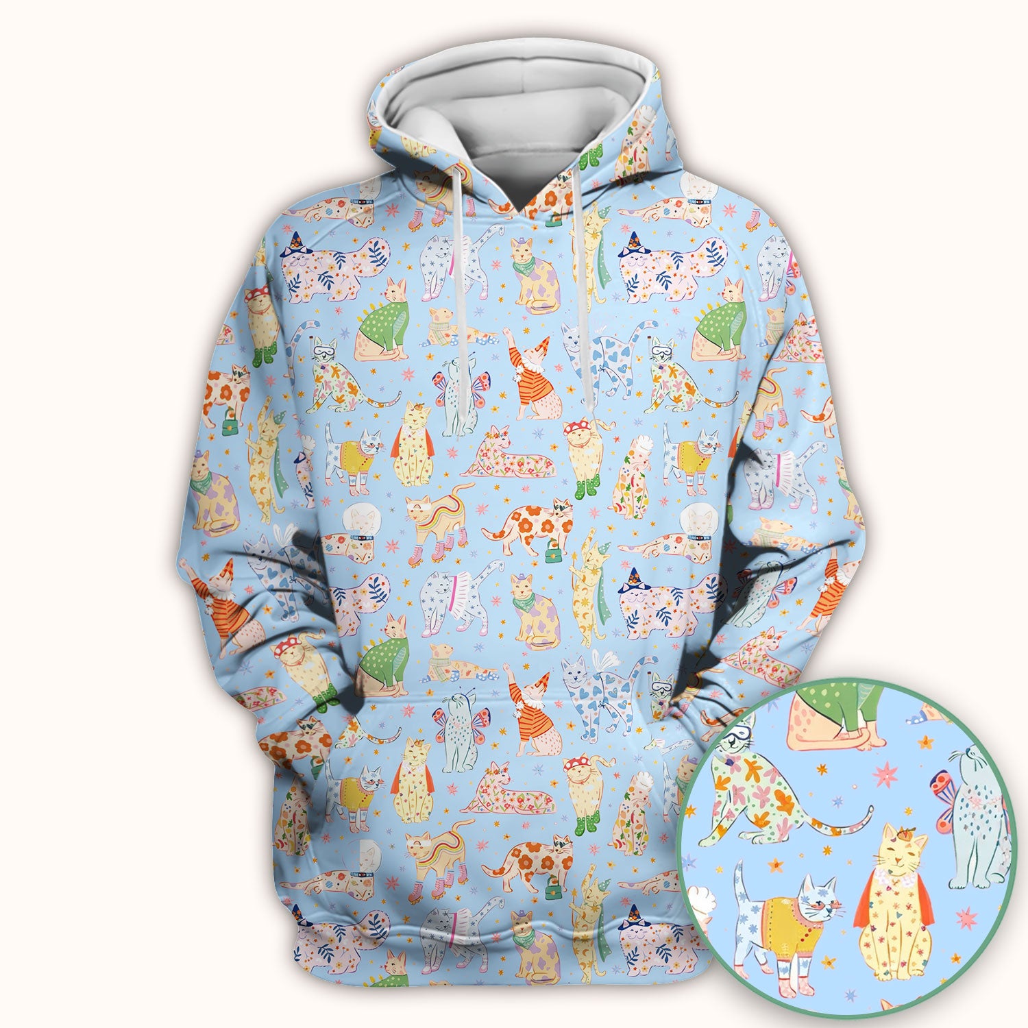 Colorful Pastel Cartoon Cats Print Scrub Top, Breathable Fabrics Nursing Uniform