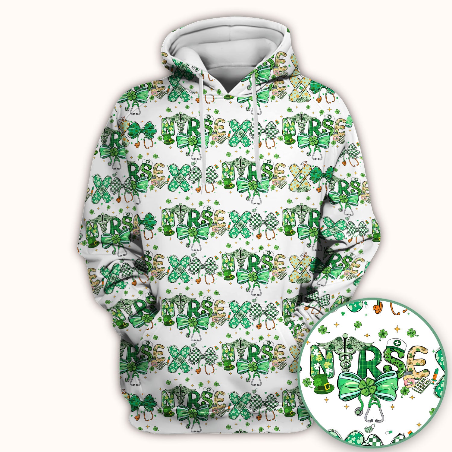 St. Patrick’s Nurse Scrub Top, Lucky Clover And Green Bow Pattern Nurse Shirt, Breathable Fabrics Nursing Uniform