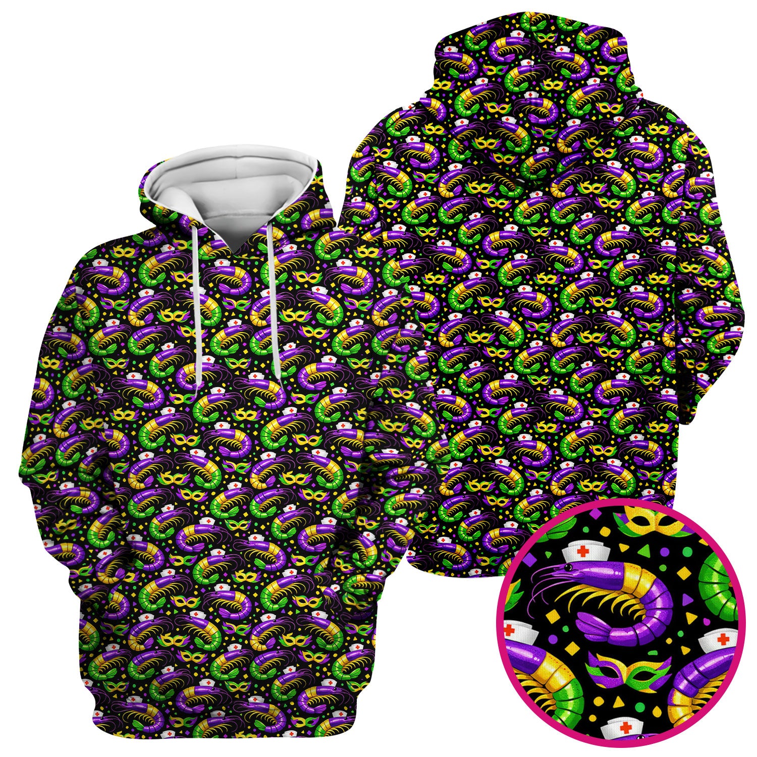 Mardi Gras Pattern Scrub Top, Crawfish Carnival Medical Nurse Scrub Shirt, Breathable Fabrics Nursing Uniform
