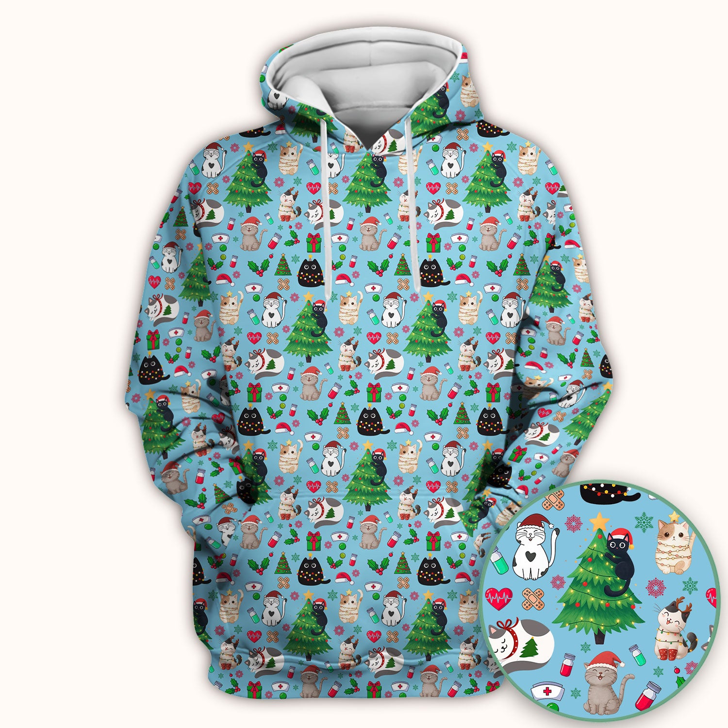 Christmas Cat Scrub Top, Xmas Pet Pattern Scrub Shirt, Breathable Fabrics Nursing Uniform