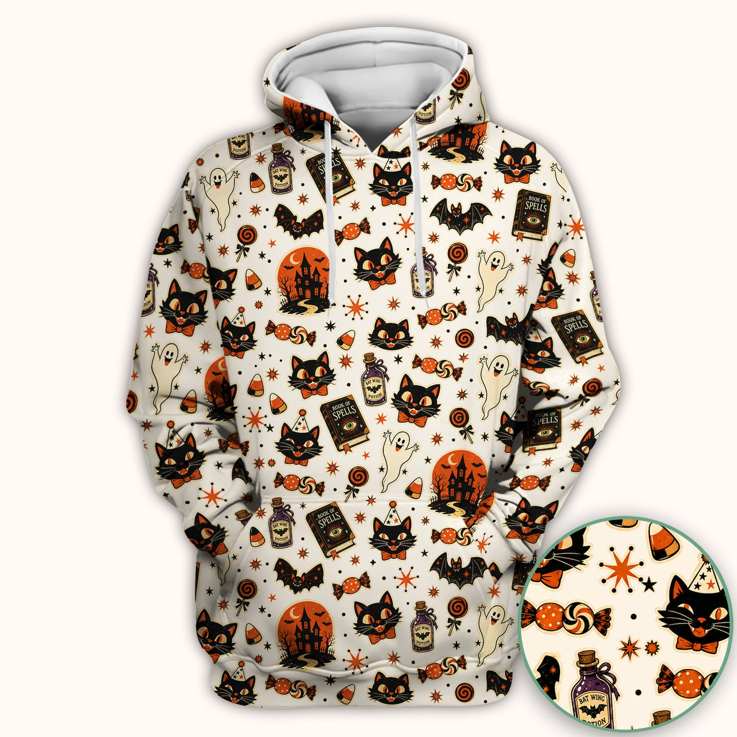 Halloween Black Cat with Ghost Candy Print Scrub Top, Comfortable Scrubs for Nurses