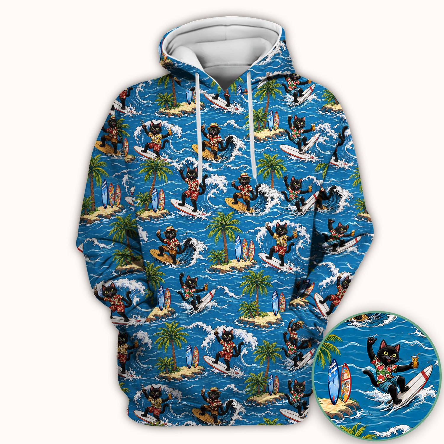 Tropical Black Cat Surfer Island Pattern Scrub Top, Comfortable Scrubs for Nurses