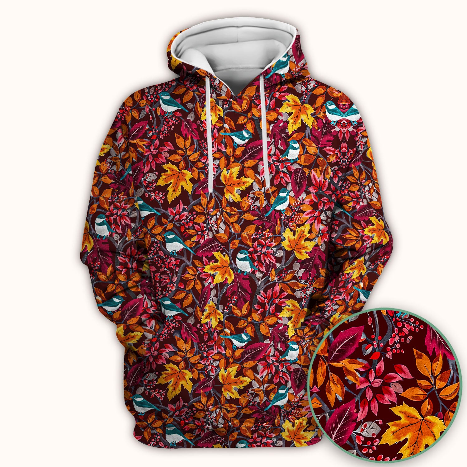 Autumn Leaves Blue Bird Pattern Print Scrub Top, Breathable Fabrics Nursing Uniform