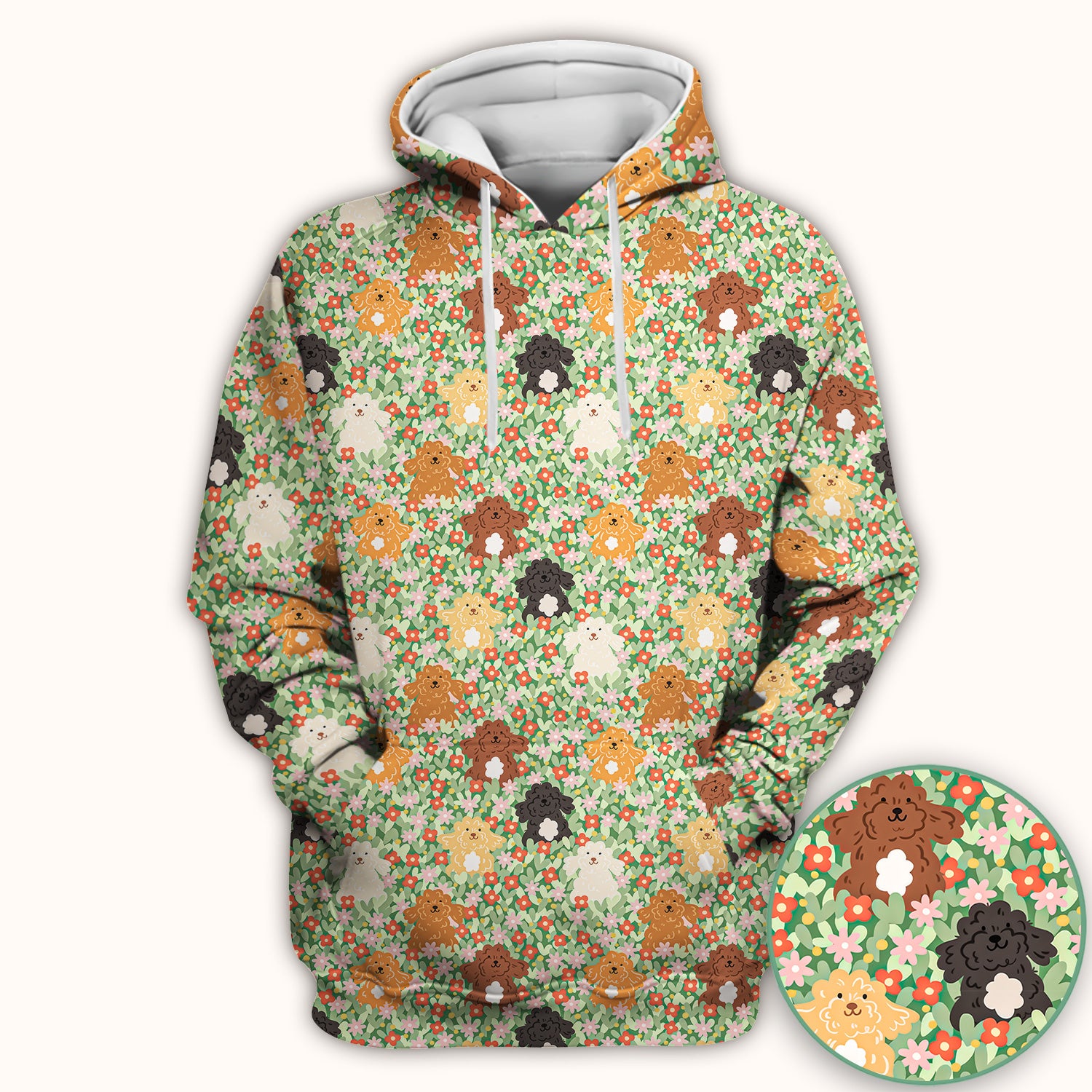 Cute Poodle Dogs Floral Pattern Scrubs Top, Breathable Fabrics Nursing Uniform