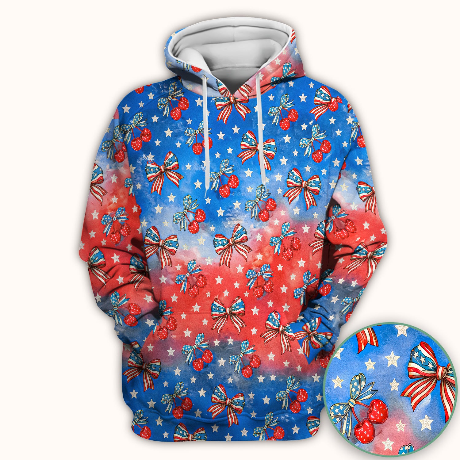 Festive Patriotic Star Bow Cherry Pattern Scrub Top, Comfortable Scrubs for Nurses