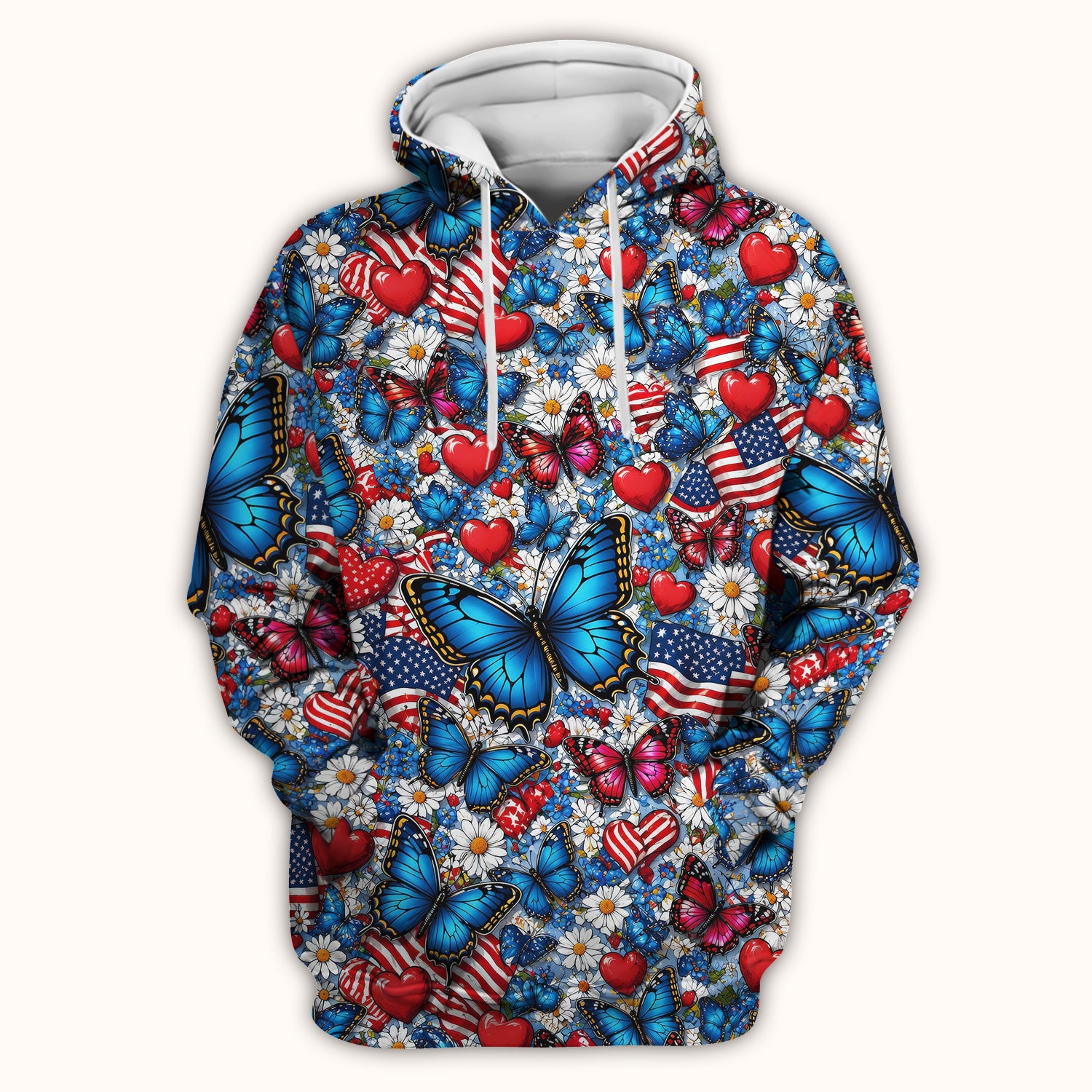 Festive Patriotic Butterfly Heart Floral Pattern Scrub Top, Comfortable Scrubs for Nurses