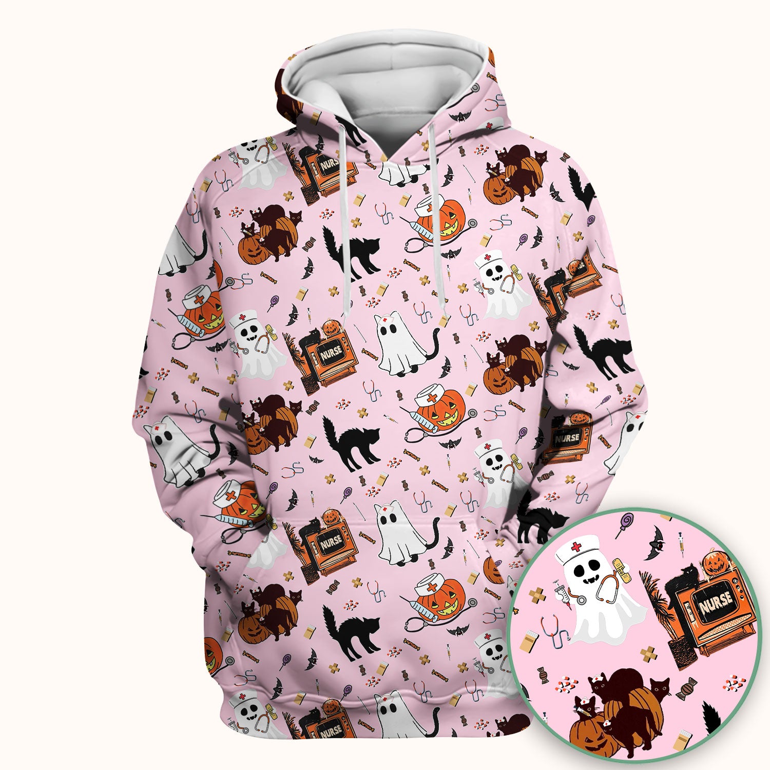 Halloween Scrub Top for Nurse - Cute Pumpkin Ghost Cat Medical Shirt - Spooky Scrubs for Women RN CNA LPN