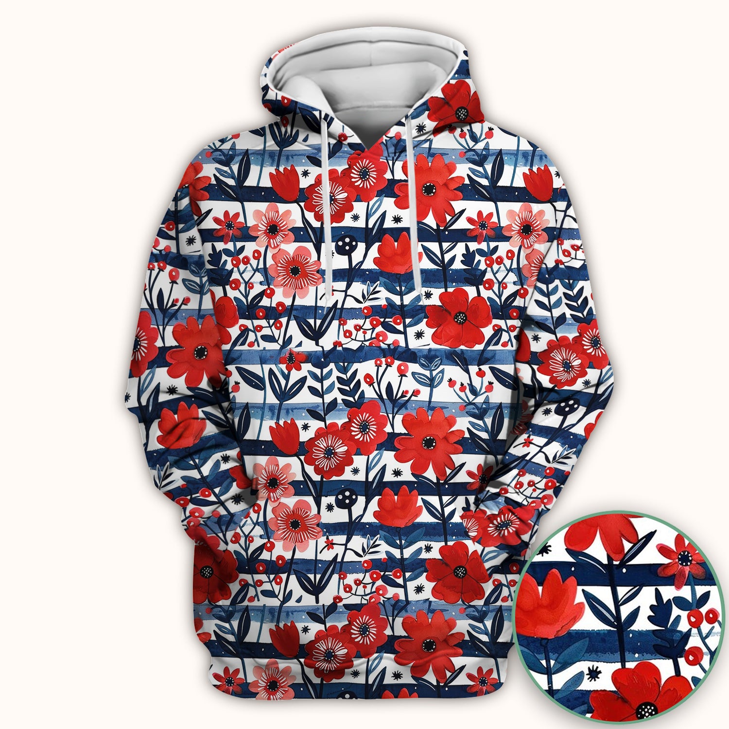 Red Poppy Navy Stripe Pattern Scrub Top, Comfortable Scrubs for Nurses