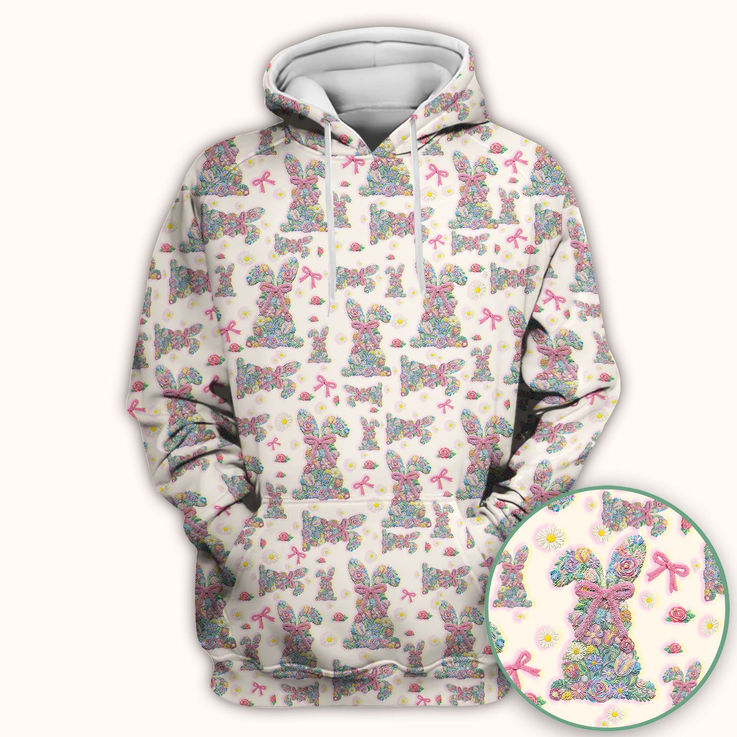 Colorful Floral Bunny with Pink Bow Pattern Scrub Top, Breathable Fabrics Nursing Uniform, Easter