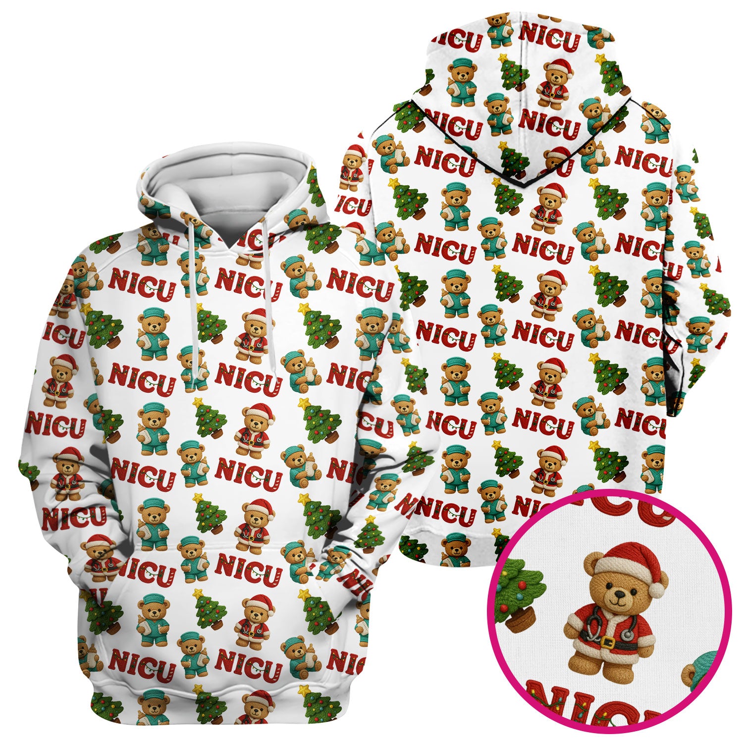 Festive Christmas NICU Nurse Teddy Bear Pattern, Breathable Fabrics Nursing Uniform