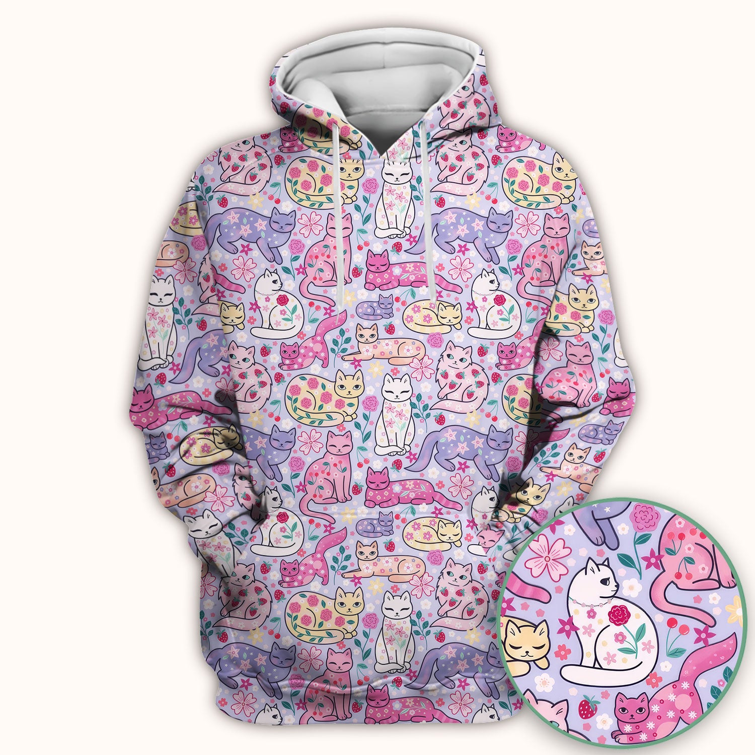 Funny Colorful Pastel Cats Floral Strawberry Print Scrub Top, Breathable Fabrics Nursing Uniform