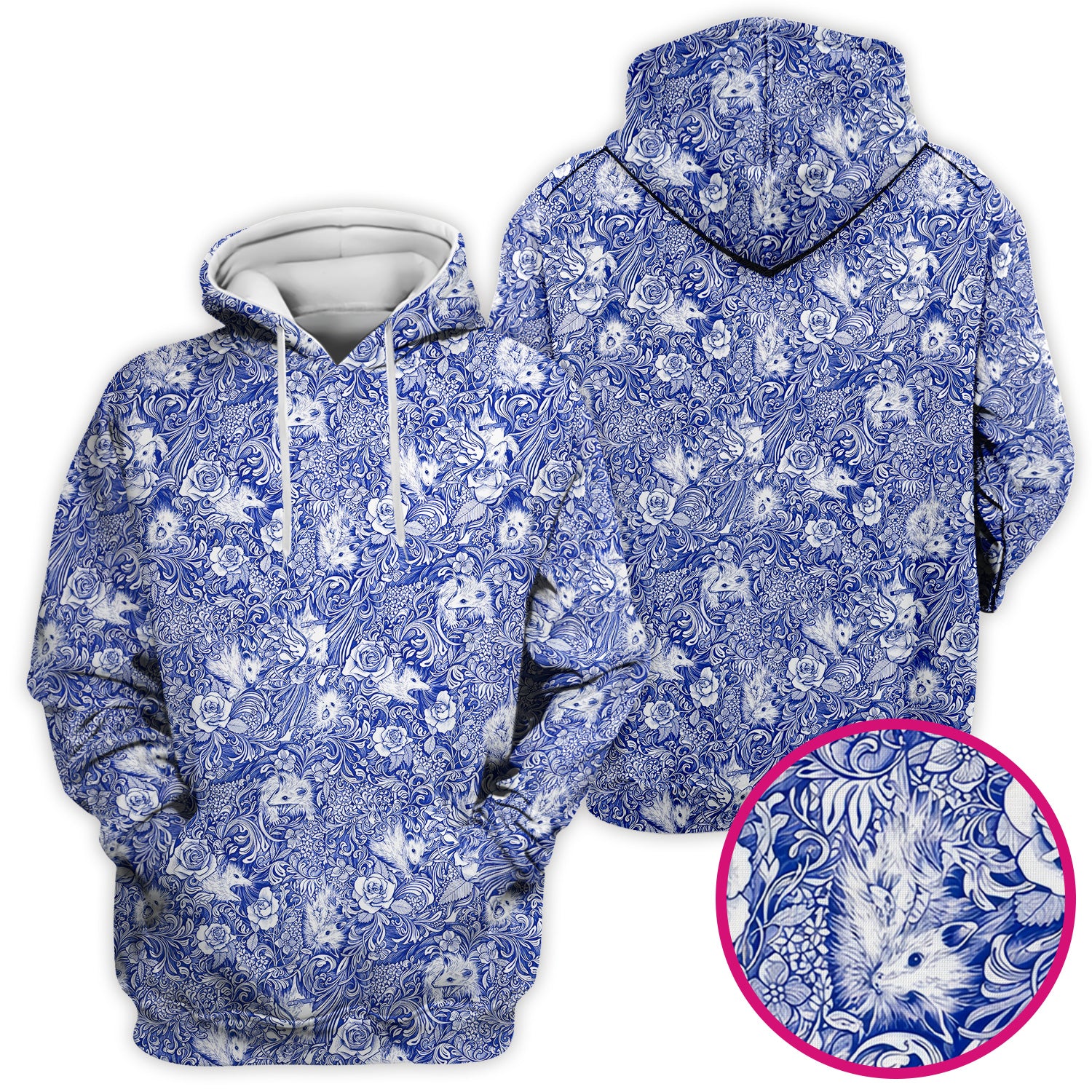 Blue Toile Opossum Floral Pattern Scrub Top, Comfortable Scrubs for Nurses