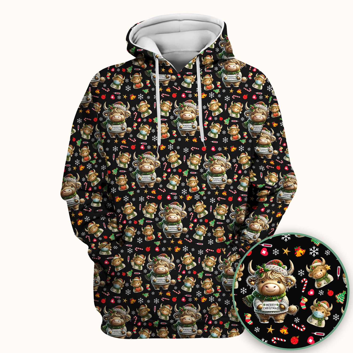 Highland Cow Christmas Scrub Top, Festive Cow Nurse Shirt With Holiday Pattern, Cute Medical Uniform For Women