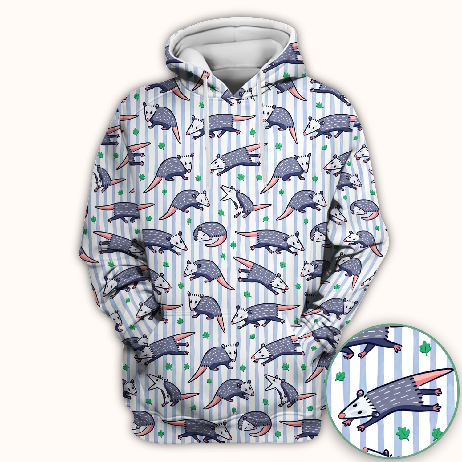 Cute Opossum Blue Stripe Pattern Scrub Top, Breathable Fabrics Nursing Uniform