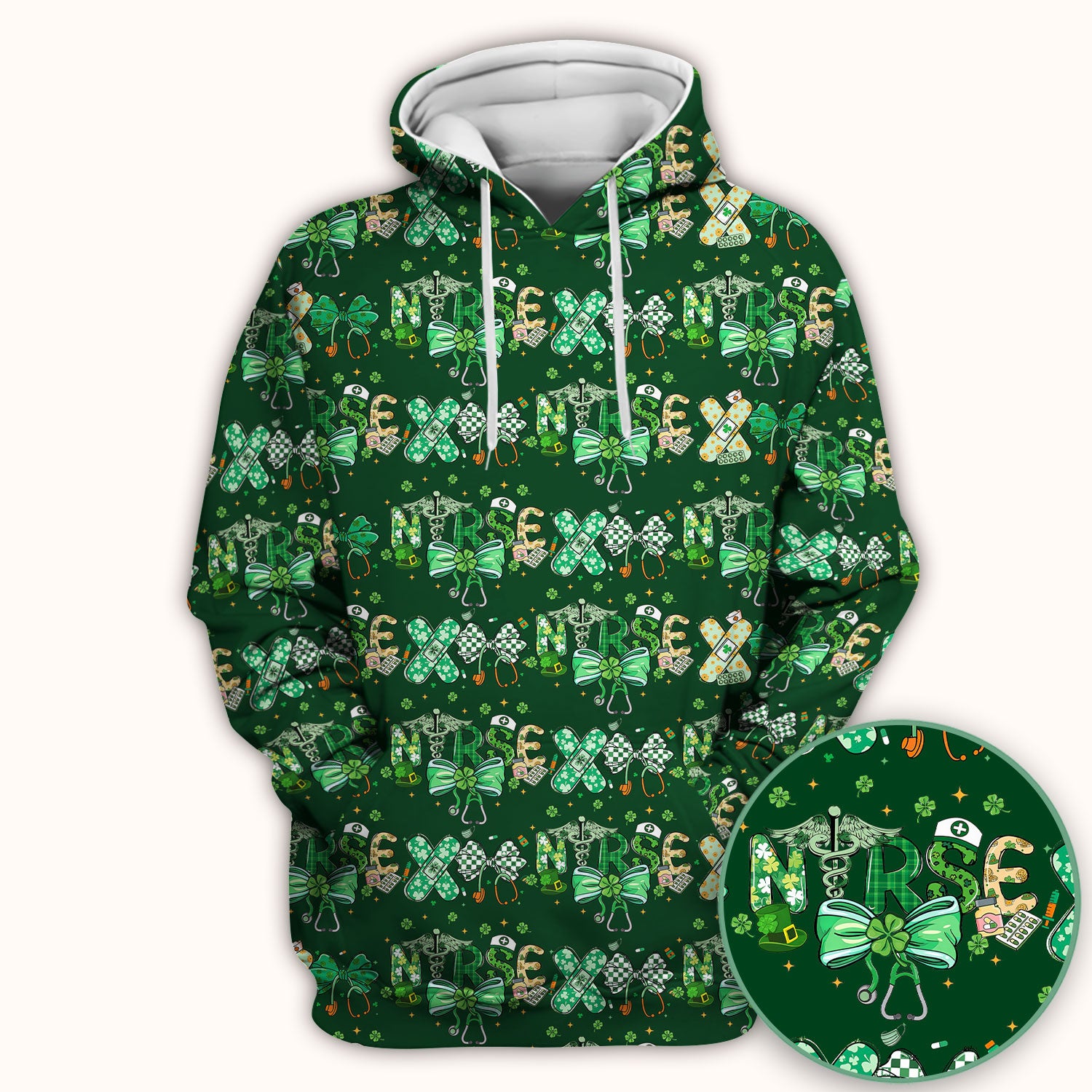 St. Patrick’s Nurse Scrub Top, Lucky Clover And Green Bow Pattern Nurse Shirt, Breathable Fabrics Nursing Uniform