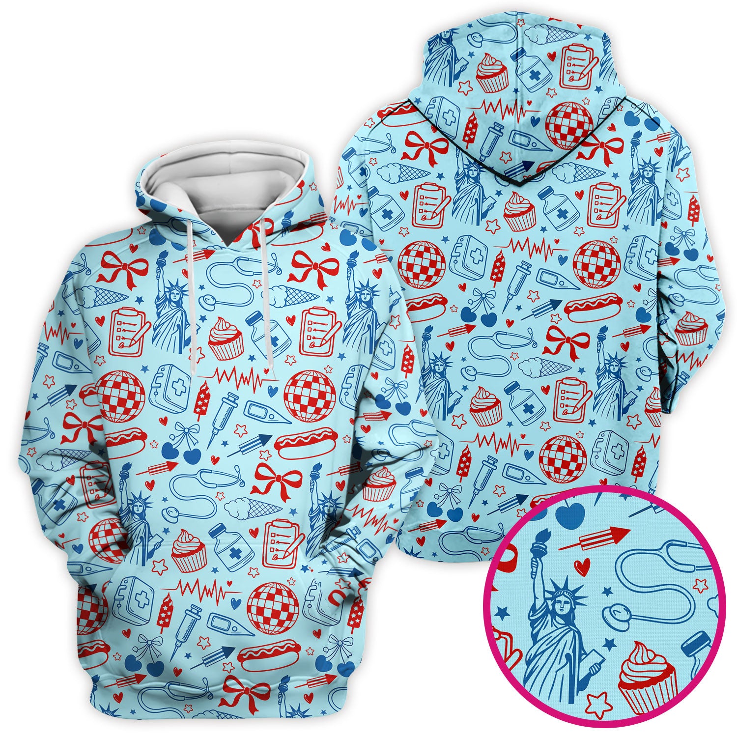 Patriotic Nurse Medical Icons Pattern Scrub Top, Breathable Fabrics Nursing Uniform