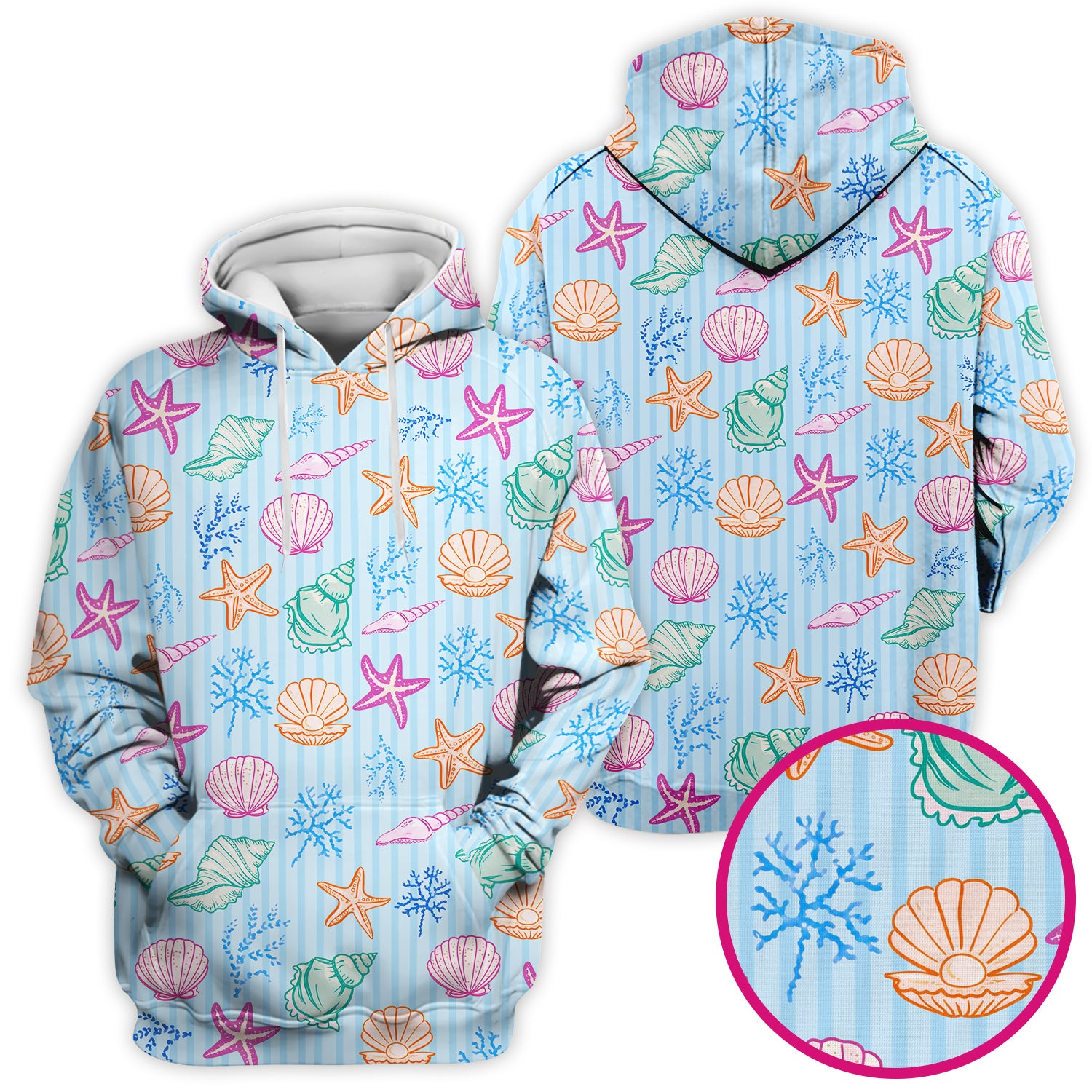 Colorful Seashell Starfish Ocean Stripe Pattern Scrub Top, Breathable Fabrics Nursing Uniform
