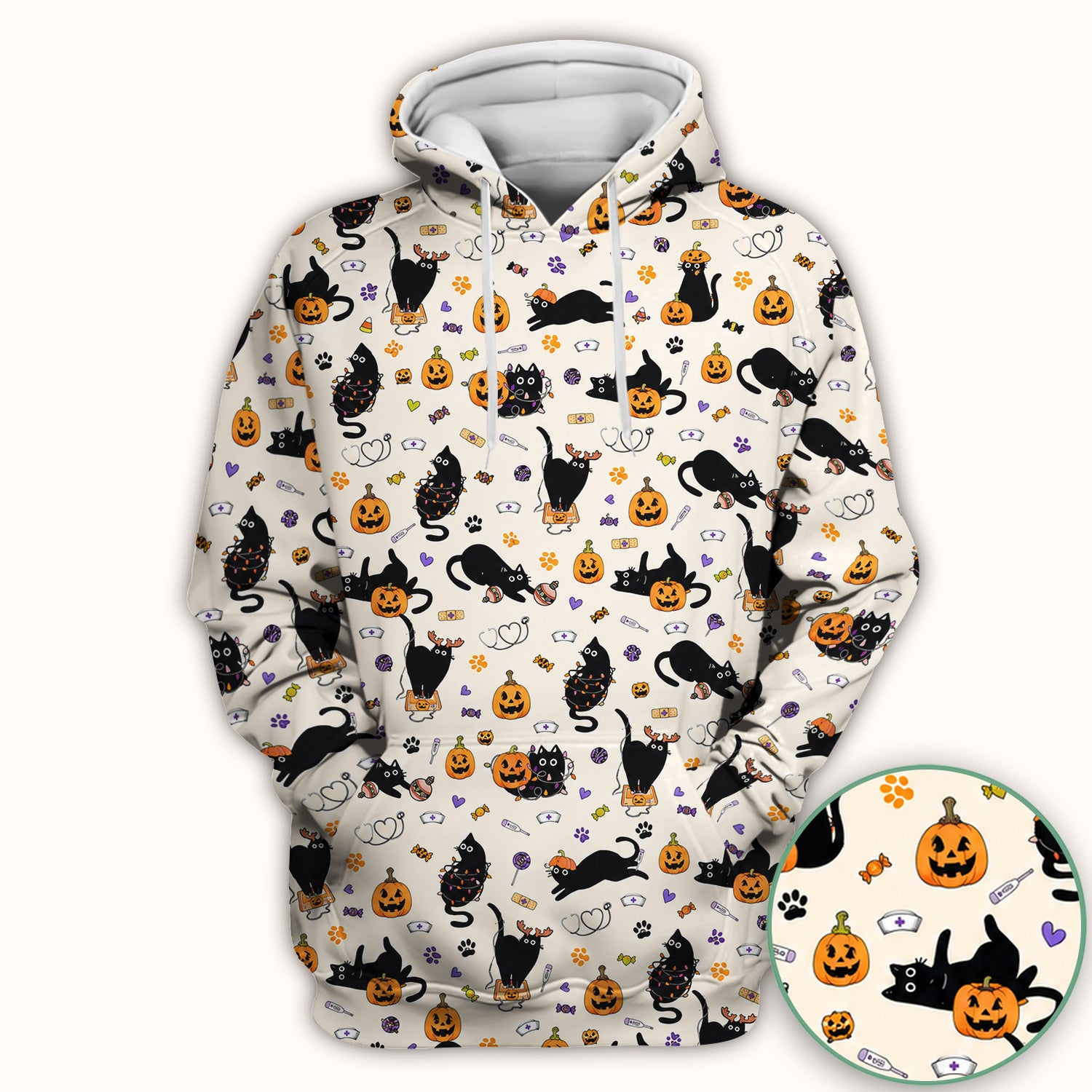 Pumpkin Black Cat Pattern Scrub Top, Comfortable Scrubs for Nurses