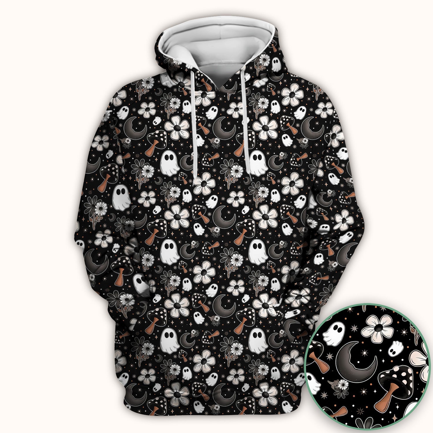 Floral Mushroom Ghost Pattern Scrub Top, Comfortable Scrubs for Nurses