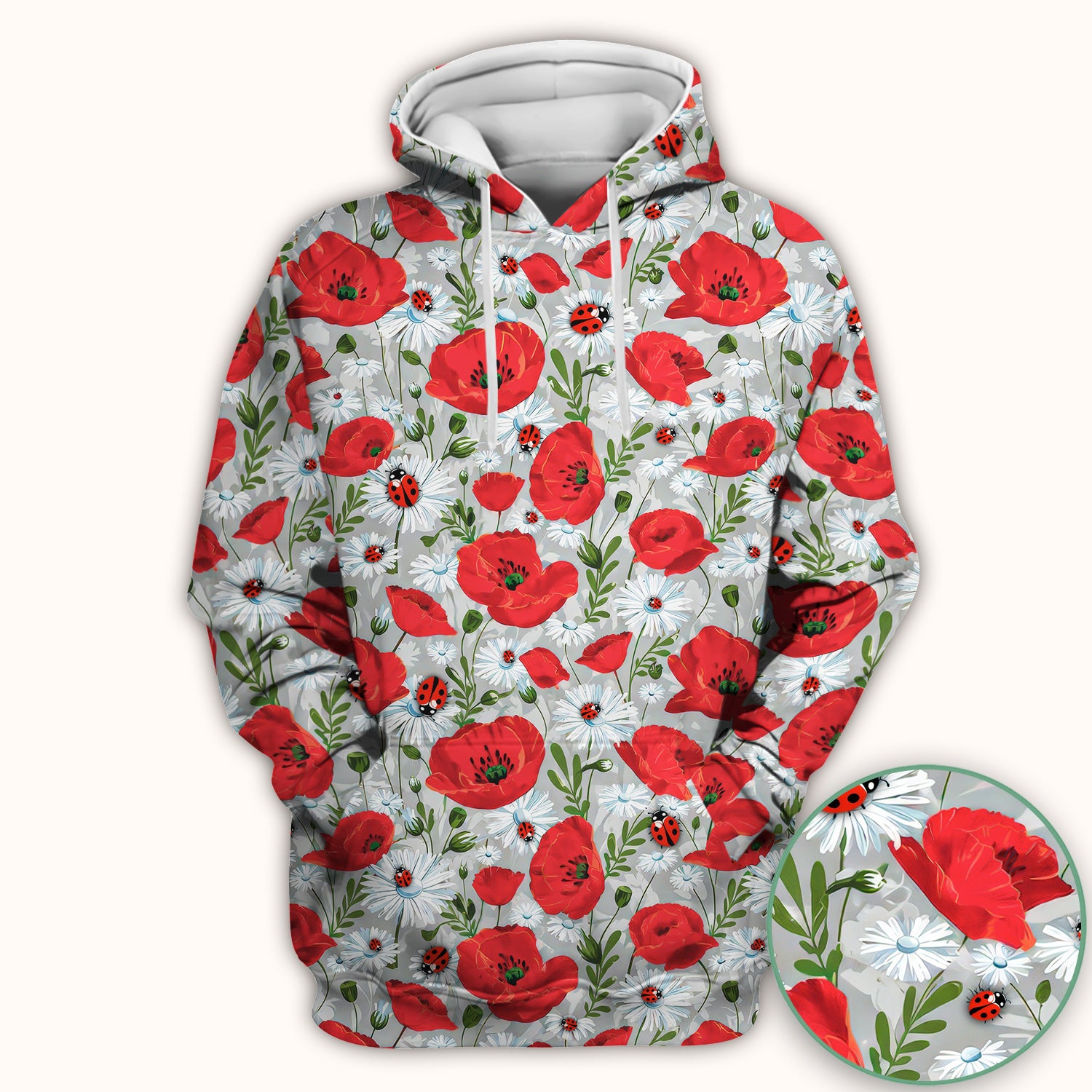 Cute Red Poppy Daisy Ladybug Floral Print Scrub Top, Comfortable Scrubs for Nurses