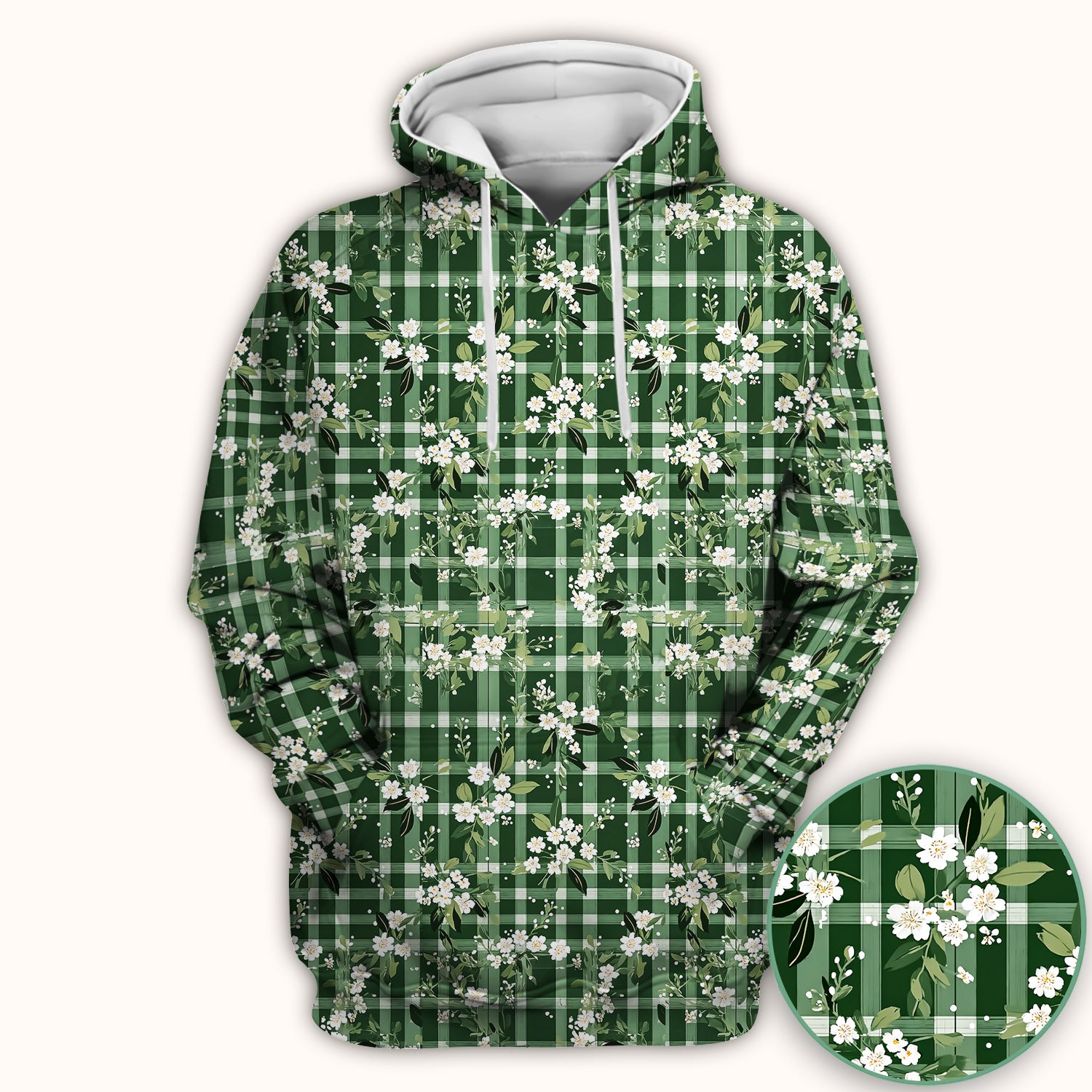 Cute Green Gingham Floral Print Scrub Top, Breathable Fabrics Nursing Uniform