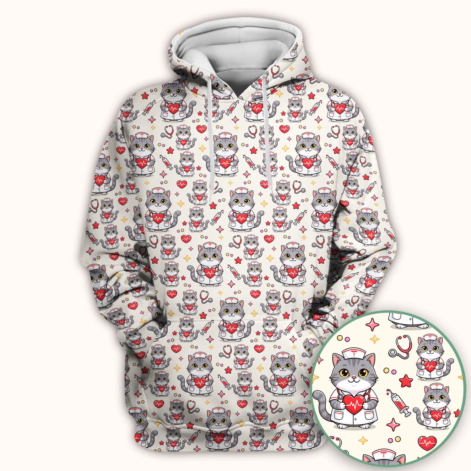 Cute Nurse Cat Heart Medical Print Scrub Top, Comfortable Scrubs for Nurses